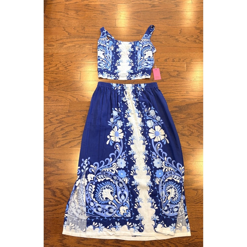 Rose + Olive Resort Blue White Floral Damask 2 Piece Crop Top Maxi Skirt Set L
